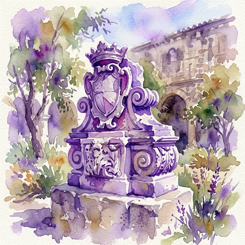 Acuarela de un detalle arquitectónico de piedra con un escudo de armas con corona, volutas y tallas decorativas, expuesto al aire libre en un jardín.