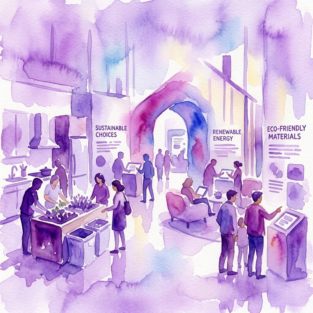 Watercolor illustration of the EkoEksperymentarium exhibition, showing visitors interacting with displays on sustainable choices, renewable energy, and eco-friendly materials in a home-like setting.