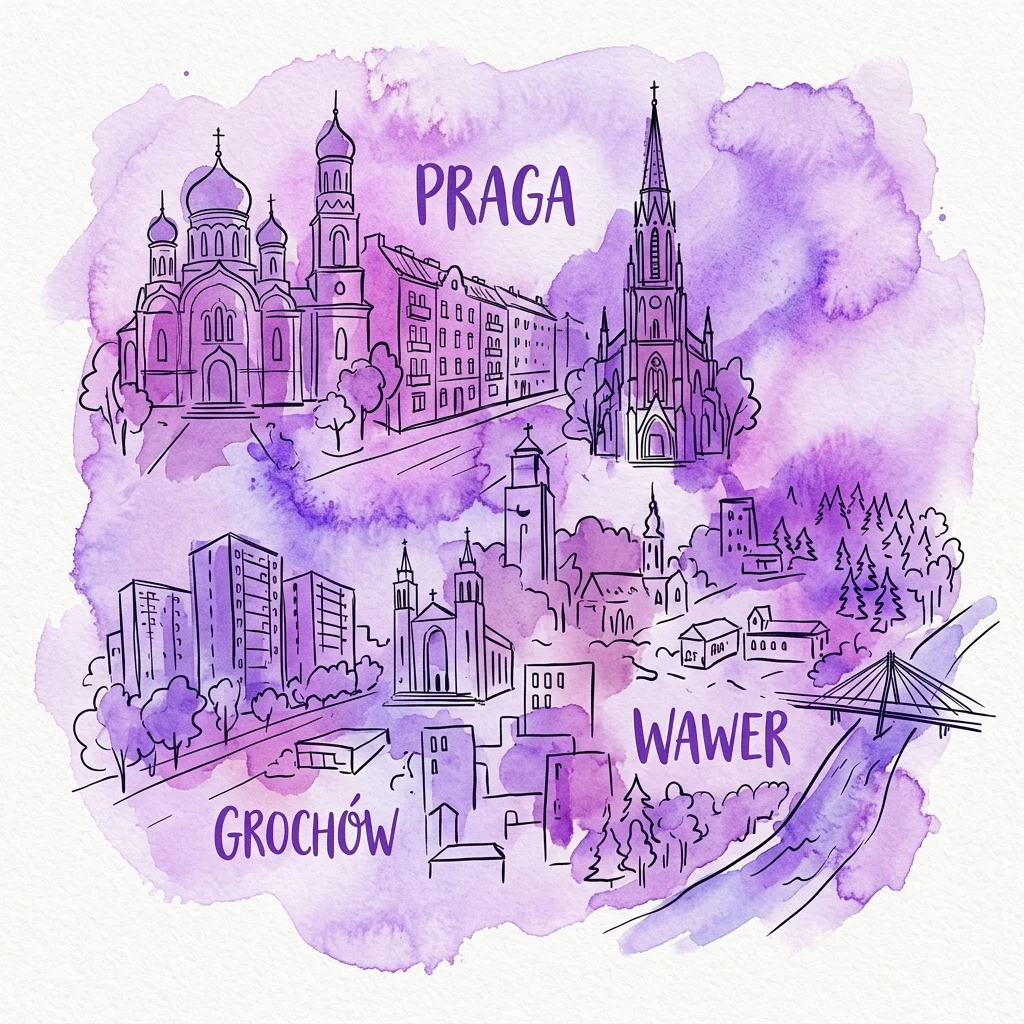 Una ilustración de acuarela morada de los barrios de Varsovia, incluyendo Praga, Wawer y Grochów, con monumentos arquitectónicos y etiquetada en polaco, creada por Kazimierz Nowak.