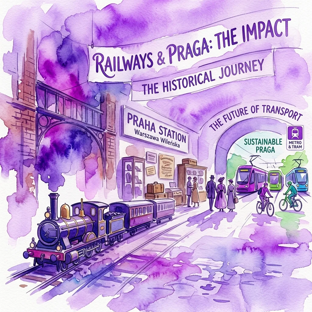 Illustration of the 'Railways & Praga: The Impact' exhibition, showing a vintage steam train at Praga Station and modern trams, highlighting the historical journey of transport in Warsaw's Praga district.