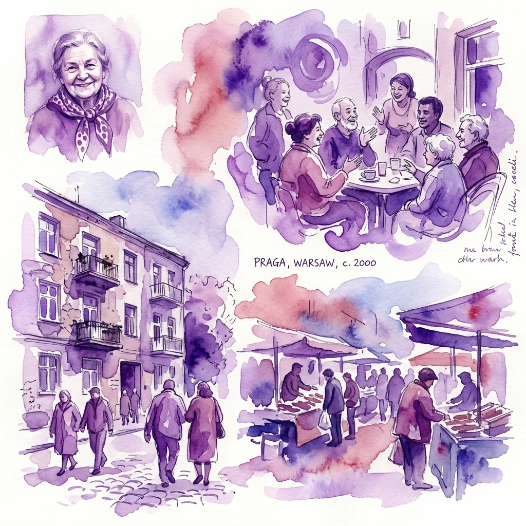 Waterverfillustratie van Praga, Warschau rond 2000, met portretten van diverse bewoners, straatscènes en gemeenschapsbijeenkomsten, die de transformatie van de wijk aan het begin van het millennium vastleggen.