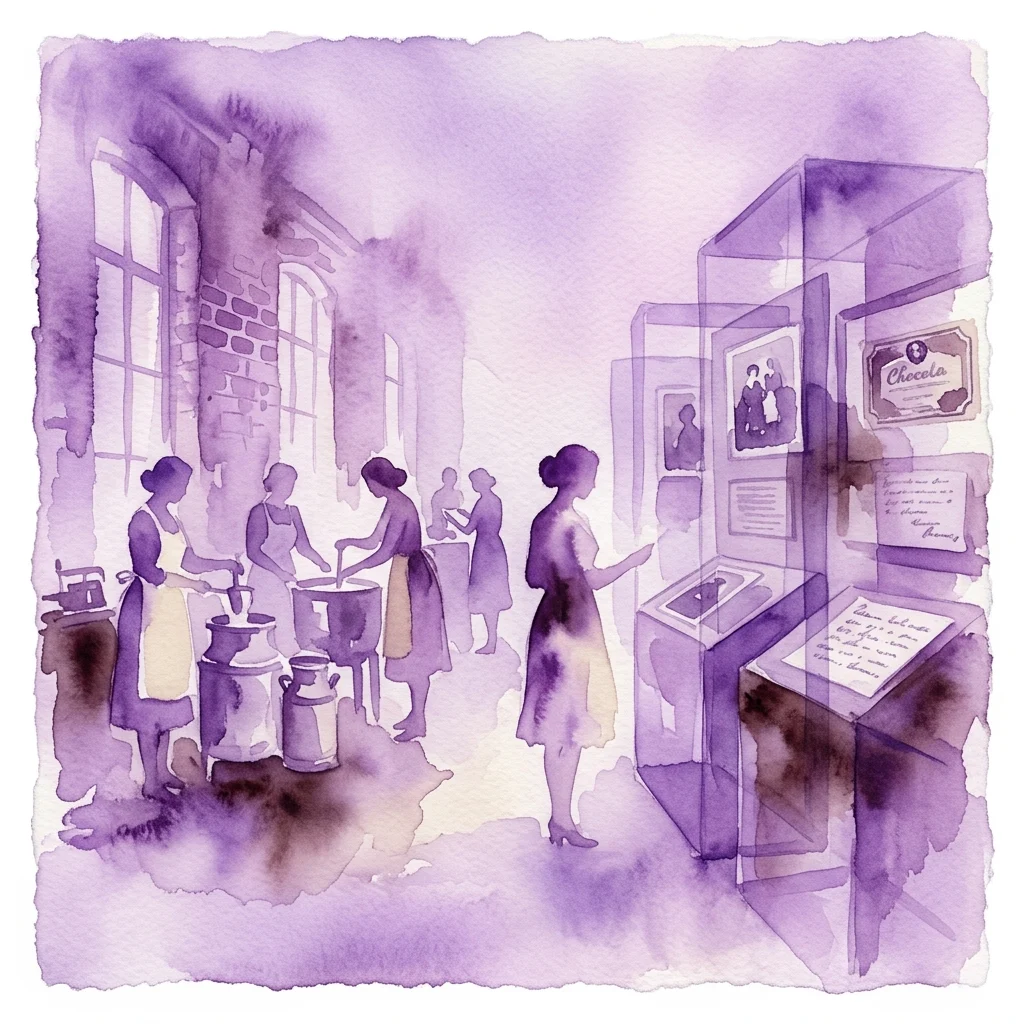 Ilustración en acuarela de una exposición de museo con mujeres trabajando en una fábrica, con vitrinas que muestran fotos de archivo y documentos relacionados con la producción de crema y chocolate.