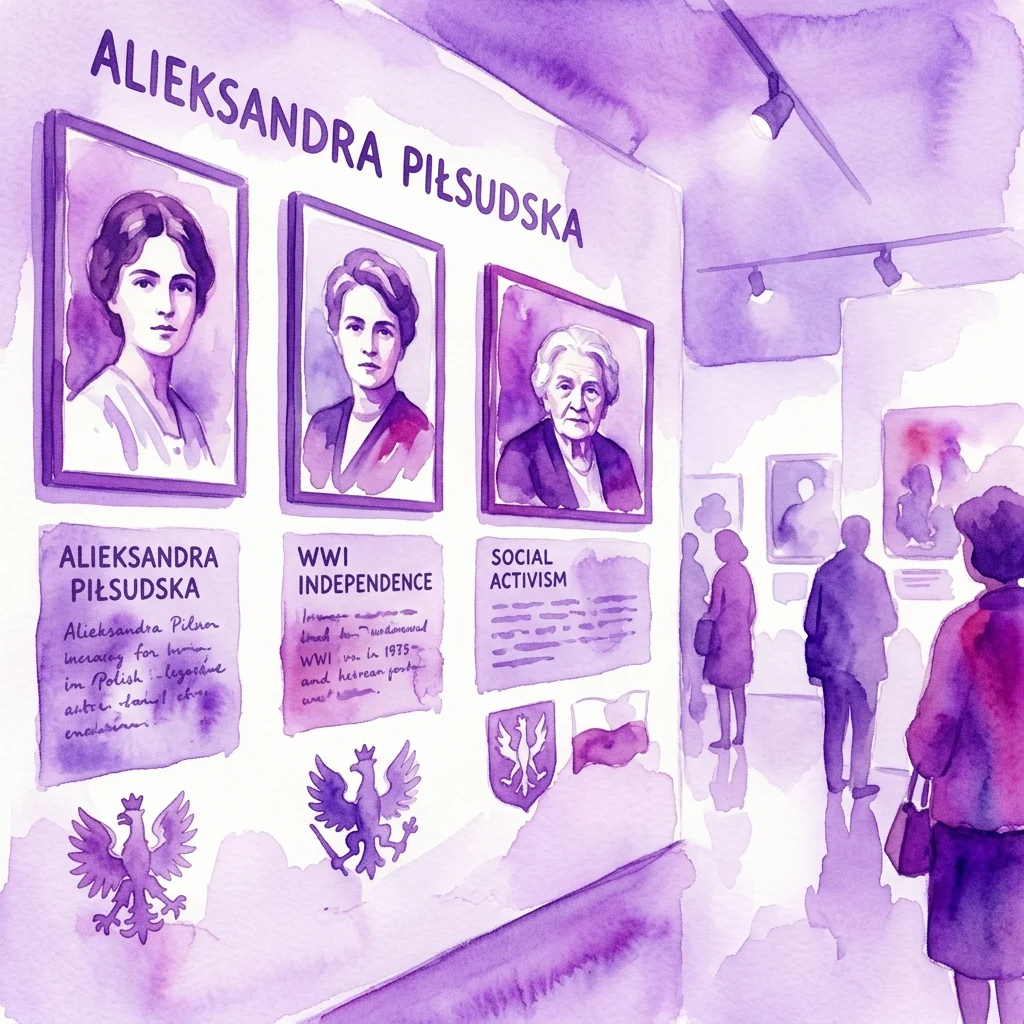 Watercolor illustration of a museum exhibition display featuring portraits of Aleksandra Piłsudska at different life stages, with text panels on WWII independence and social activism, and Polish eagles and flags.