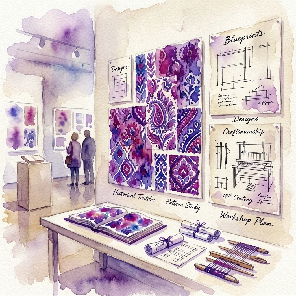 Watercolor illustration of a museum exhibition featuring historical textile designs, pattern studies, and workshop blueprints, highlighting 19th-century craftsmanship and jacquard weaving techniques.