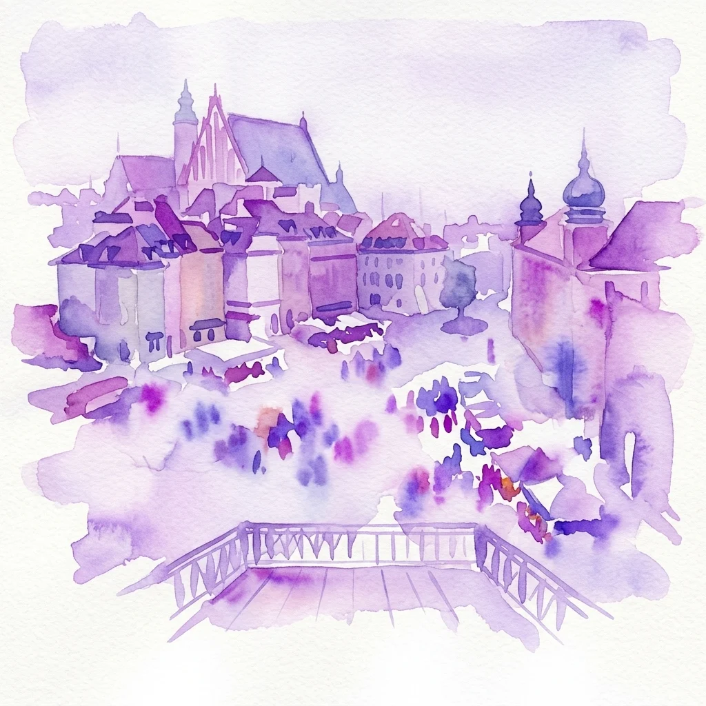 Ilustración en acuarela del distrito histórico de Praga en Varsovia, que presenta arquitectura tradicional, una bulliciosa plaza del mercado y una terraza con vistas a la escena.