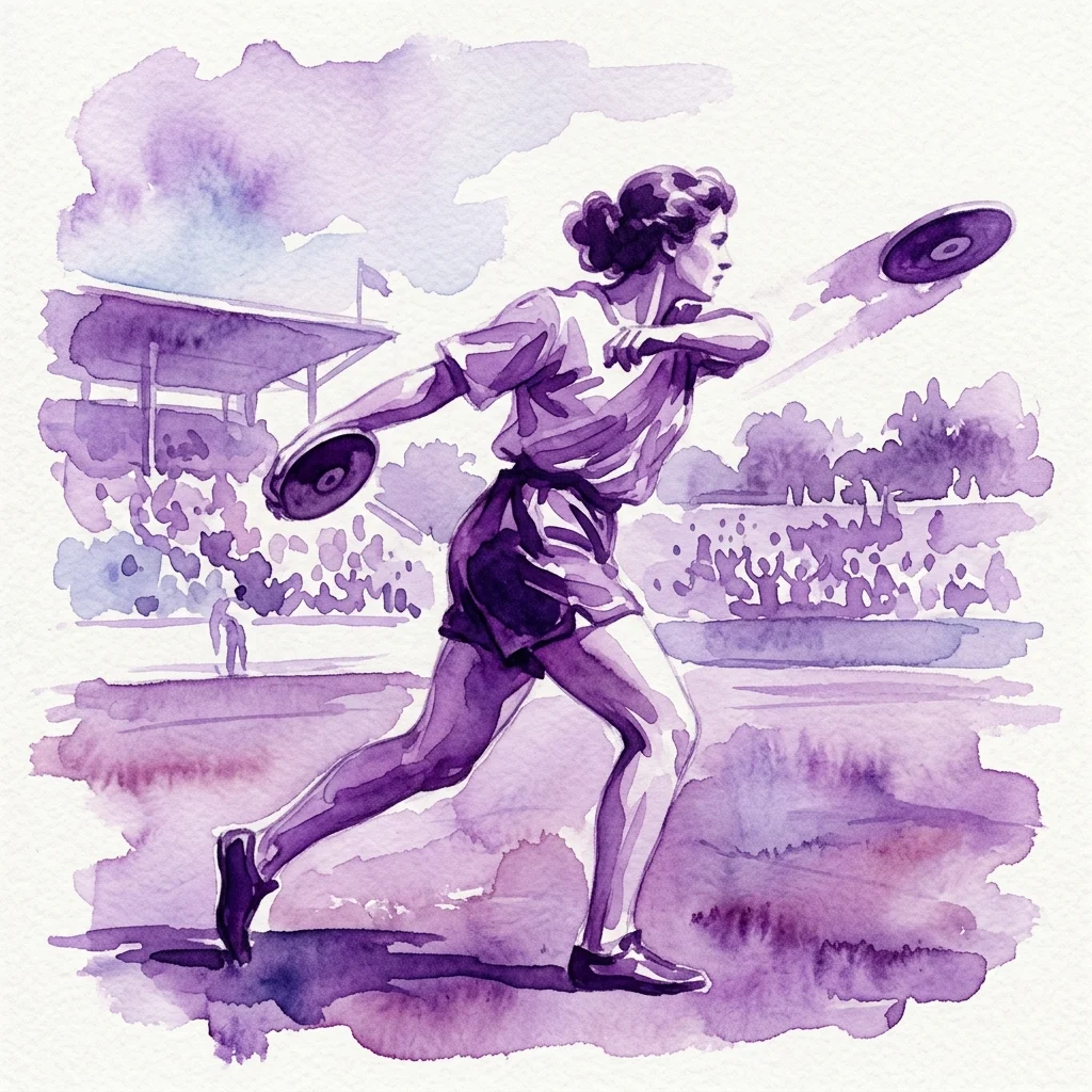 Ilustracja akwarelowa kobiecej sportsmenki w zabytkowym stroju rzucającej dyskiem na stadionie, wykonana w odcieniach fioletu i błękitu.