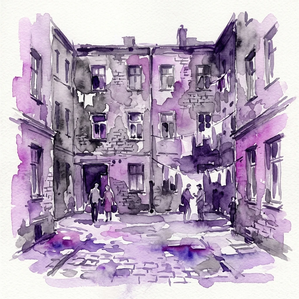 A watercolor painting in purple and gray tones depicting a narrow courtyard in Warsaw's Praga district, with old buildings, laundry lines, and people walking, evoking the atmosphere of 1970s street life.