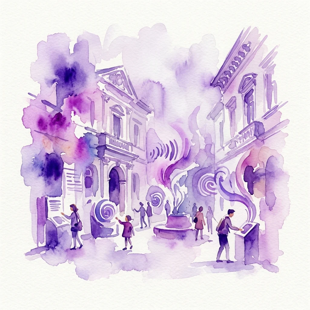 Artystyczna ilustracja akwarelowa wystawy 'Praga sensorycznie' w Warszawie, przedstawiająca zwiedzających wchodzących w interakcję z wystawami sensorycznymi prezentującymi historyczne budynki i elementy immersyjne.