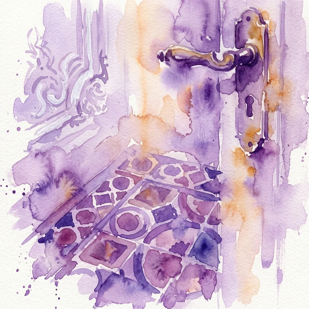 Watercolor illustration of historical interior details: an ornate metal door handle, patterned geometric floor tiles, and decorative stucco work in purple and ochre tones.