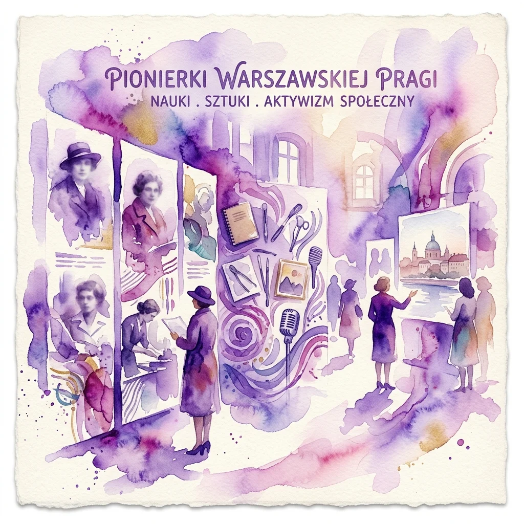 Watercolor illustration of the 'Pionierki Warszawskiej Pragi' exhibition, featuring portraits of pioneering women, scientific instruments, art supplies, and a microphone, highlighting their achievements in science, arts, and social activism.