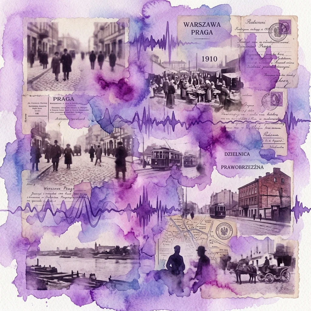 Kolaż zabytkowych fotografii i dokumentów z prawobrzeżnych dzielnic Warszawy z początku XX wieku, przedstawiający ulice, tramwaje i materiały archiwalne z fioletową akwarelową nakładką i wzorami fal dźwiękowych.