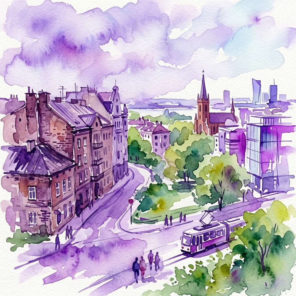 Ilustración en acuarela del distrito de Praga de Varsovia, con edificios históricos de ladrillo, espacios verdes, un tranvía y rascacielos modernos bajo un cielo de tonalidad púrpura, reflejando la transformación urbana.