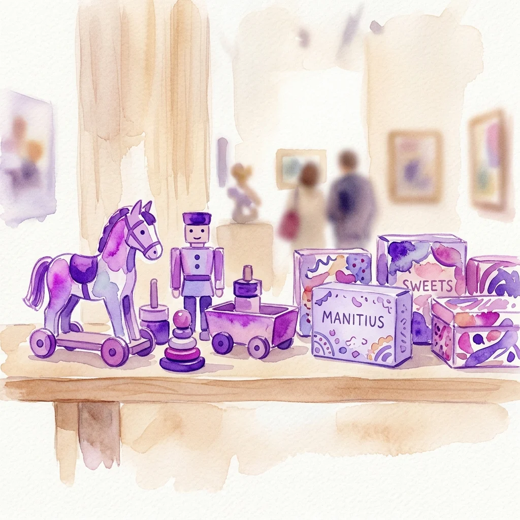 Watercolor illustration of vintage wooden toys and confectionery boxes from Edward Manitius's workshop, displayed in a museum gallery setting with visitors in the background.