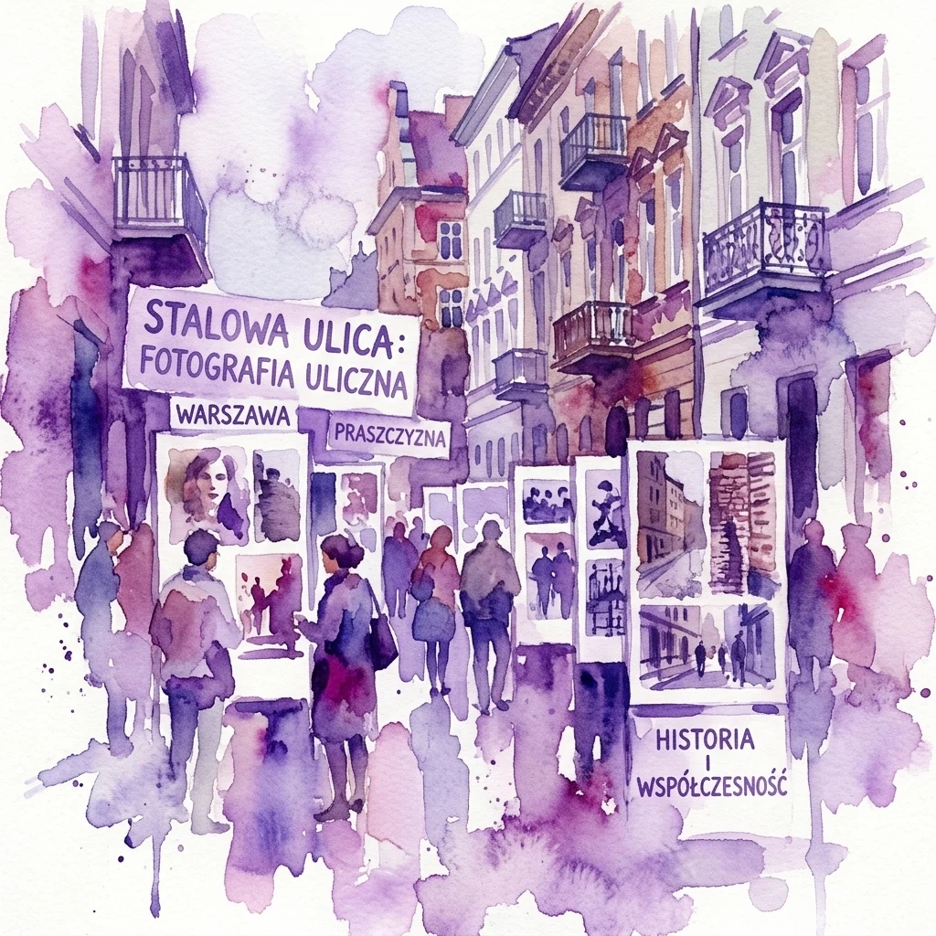 Waterverfillustratie van een straatfotografie-expositie getiteld 'Stalowa Ulica: Fotografia Uliczna' in Warschau, met mensen die foto's bekijken van de geschiedenis en gemeenschap van de straat.