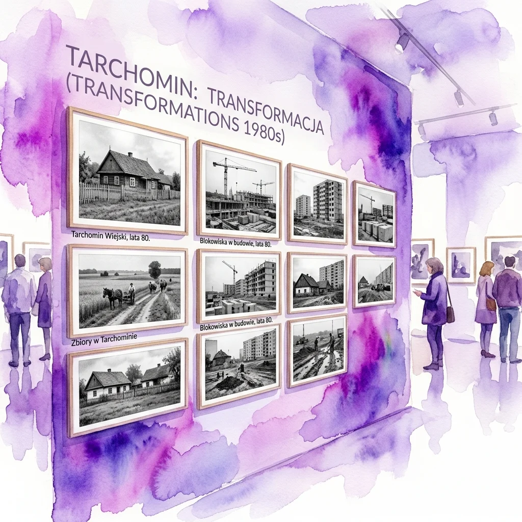 Ściana wystawowa prezentująca czarno-białe fotografie Tarchomina, Warszawy, z lat 80. XX wieku, ukazujące wiejskie krajobrazy i rozwój urbanistyczny, podczas gdy zwiedzający oglądają dzieła sztuki.
