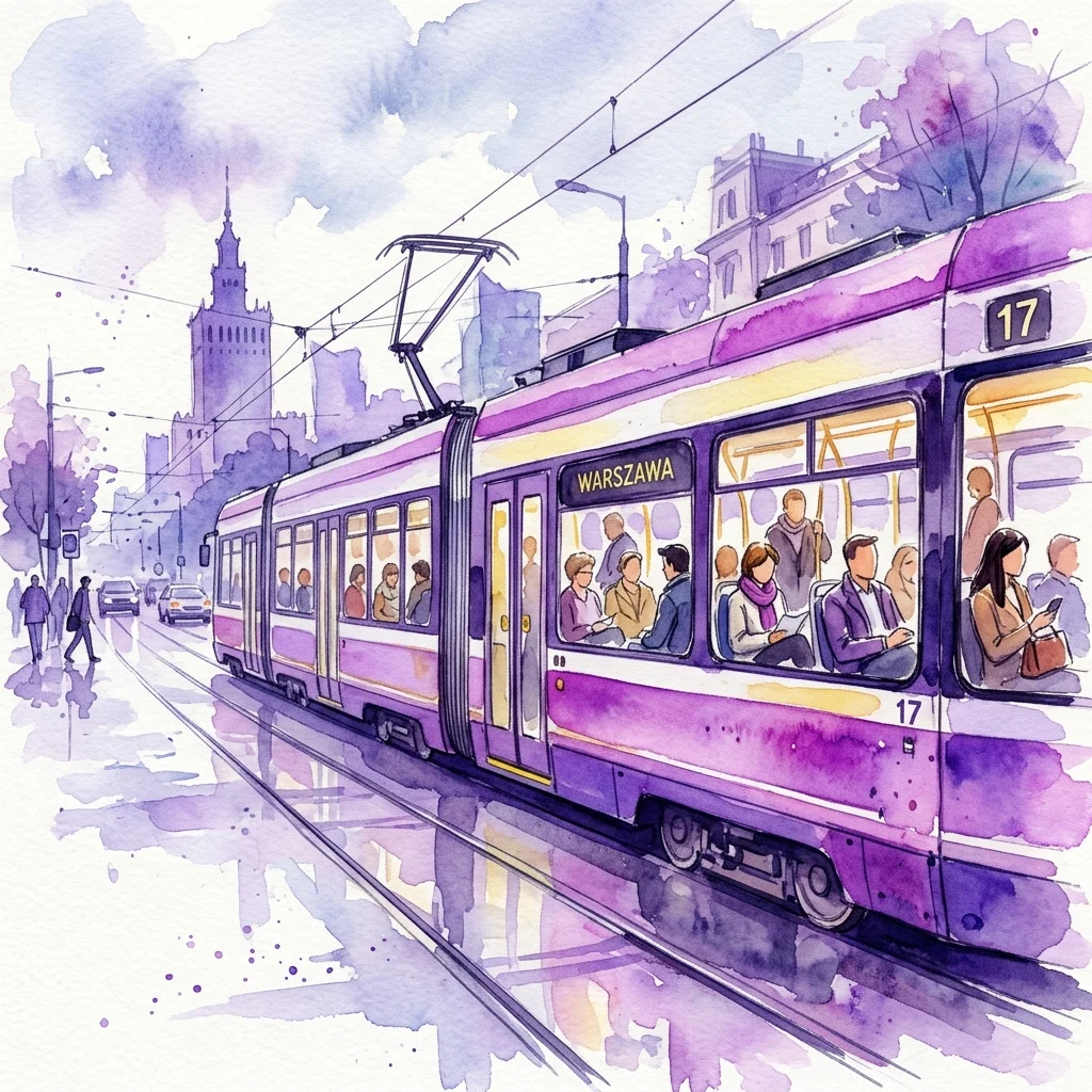 Ilustracja akwarelowa fioletowego tramwaju w Warszawie, linia 17, z widocznymi przez okna pasażerami, na tle panoramy miasta z Pałacem Kultury i Nauki w tle.