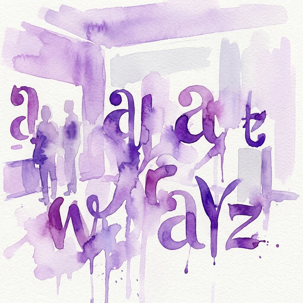 Obra de arte en acuarela púrpura con formas de letras estilizadas de 'Warszawskie kroje' y siluetas de personas al fondo, que representa una exposición moderna de tipografía inspirada en Varsovia.