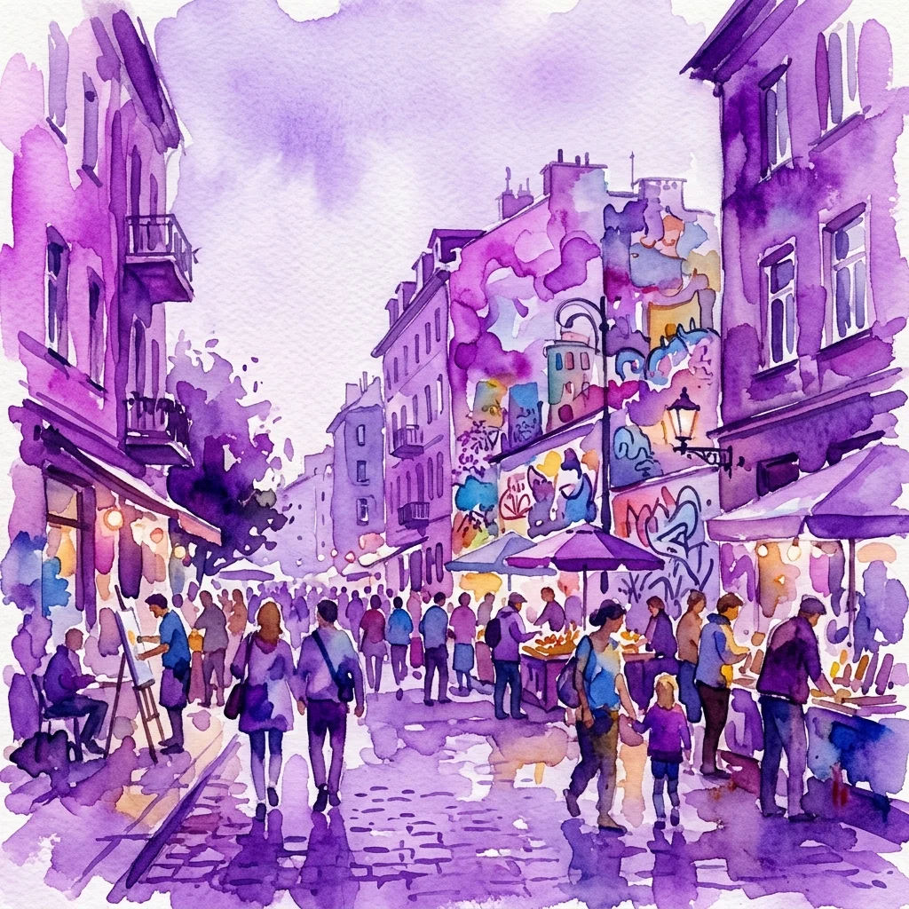 Een levendig aquarel van de Brzeska-straat in de wijk Praga in Warschau, met kleurrijke gebouwen, straatverkopers en voetgangers, die de levendige sfeer van de buurt vastlegt.