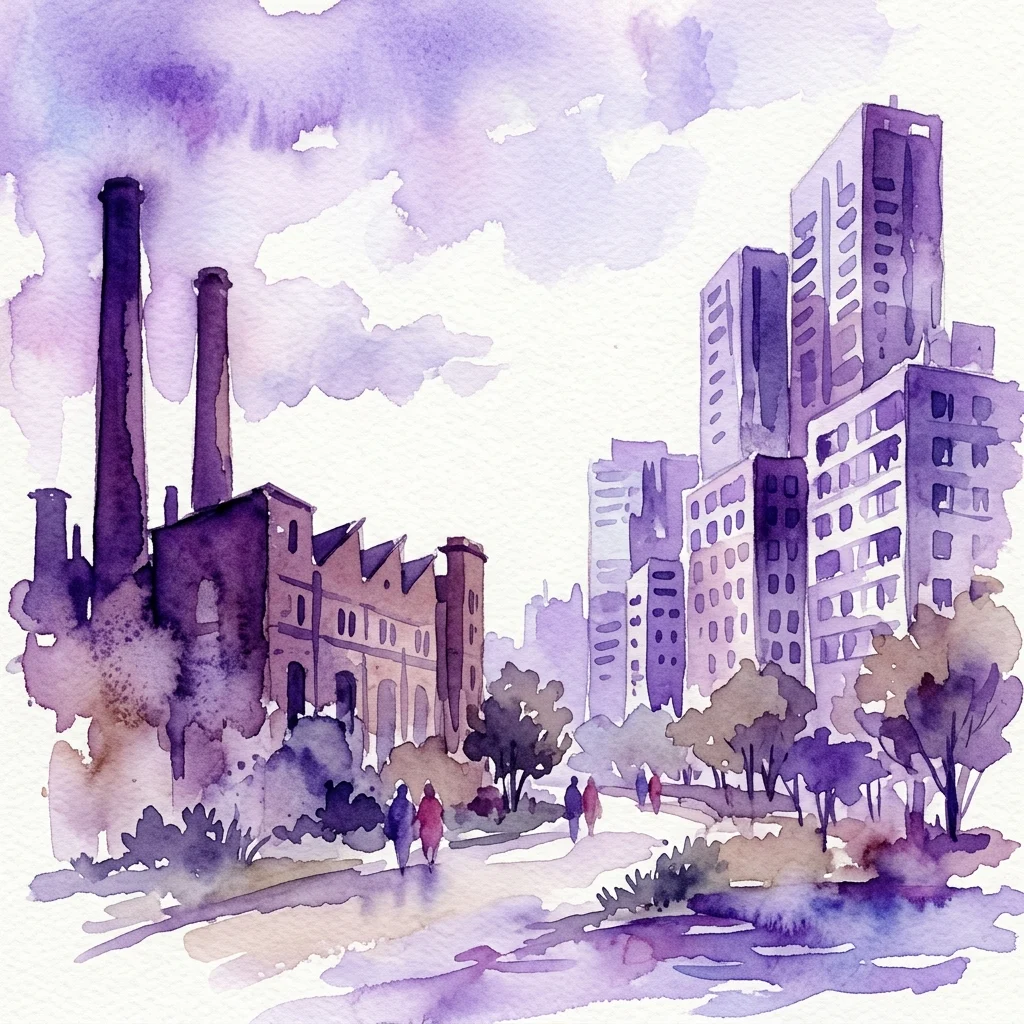 Watercolor illustration of Warsaw's Kamionek district, showing historic industrial buildings with smokestacks alongside modern high-rise apartments, reflecting urban transformation.