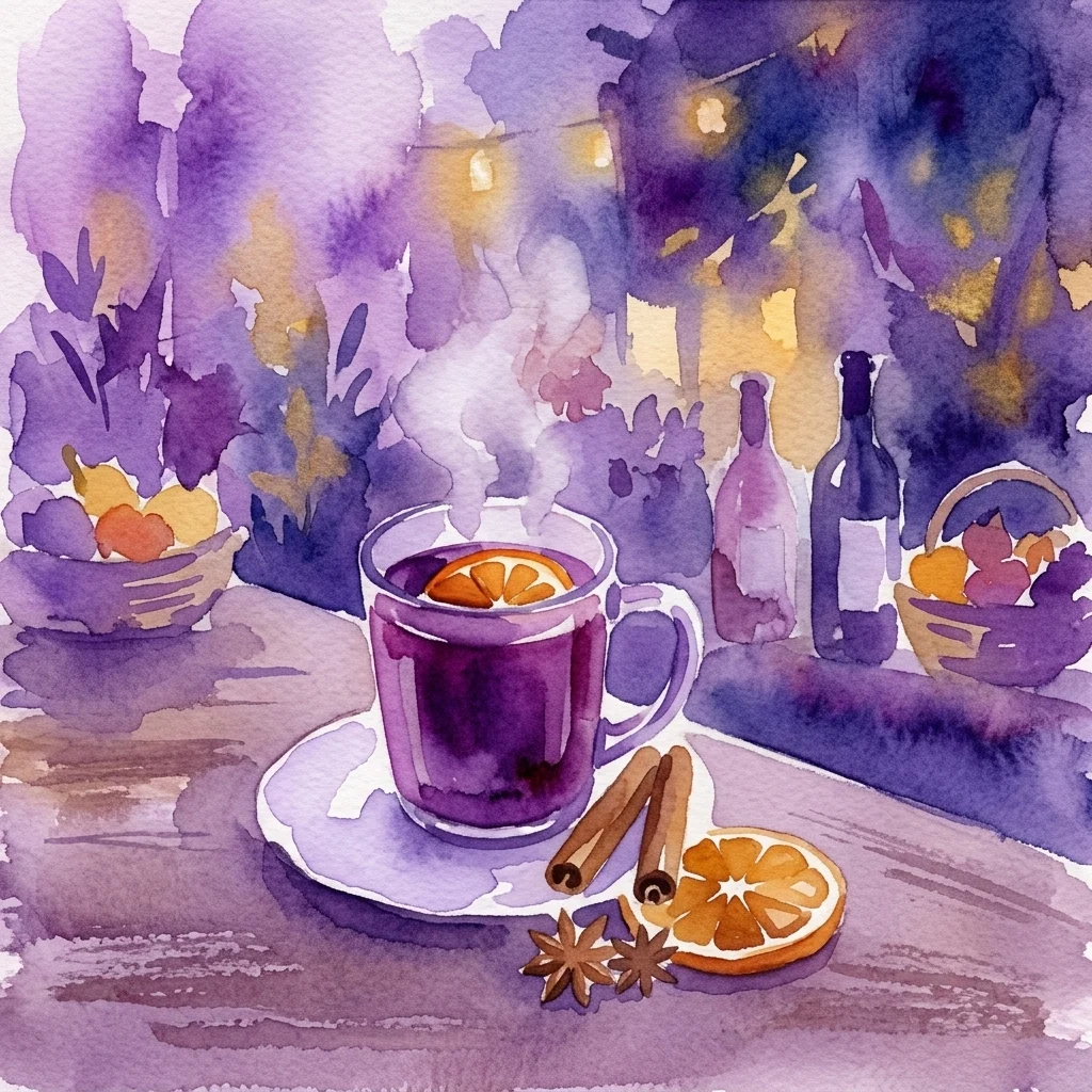 Ilustracja akwarelowa parującego kubka grzanego wina z plasterkami pomarańczy, laskami cynamonu i anyżem gwiazdkowym na drewnianym stole, na tle przytulnego ogrodu na zewnątrz, w miękkim, wieczornym świetle.