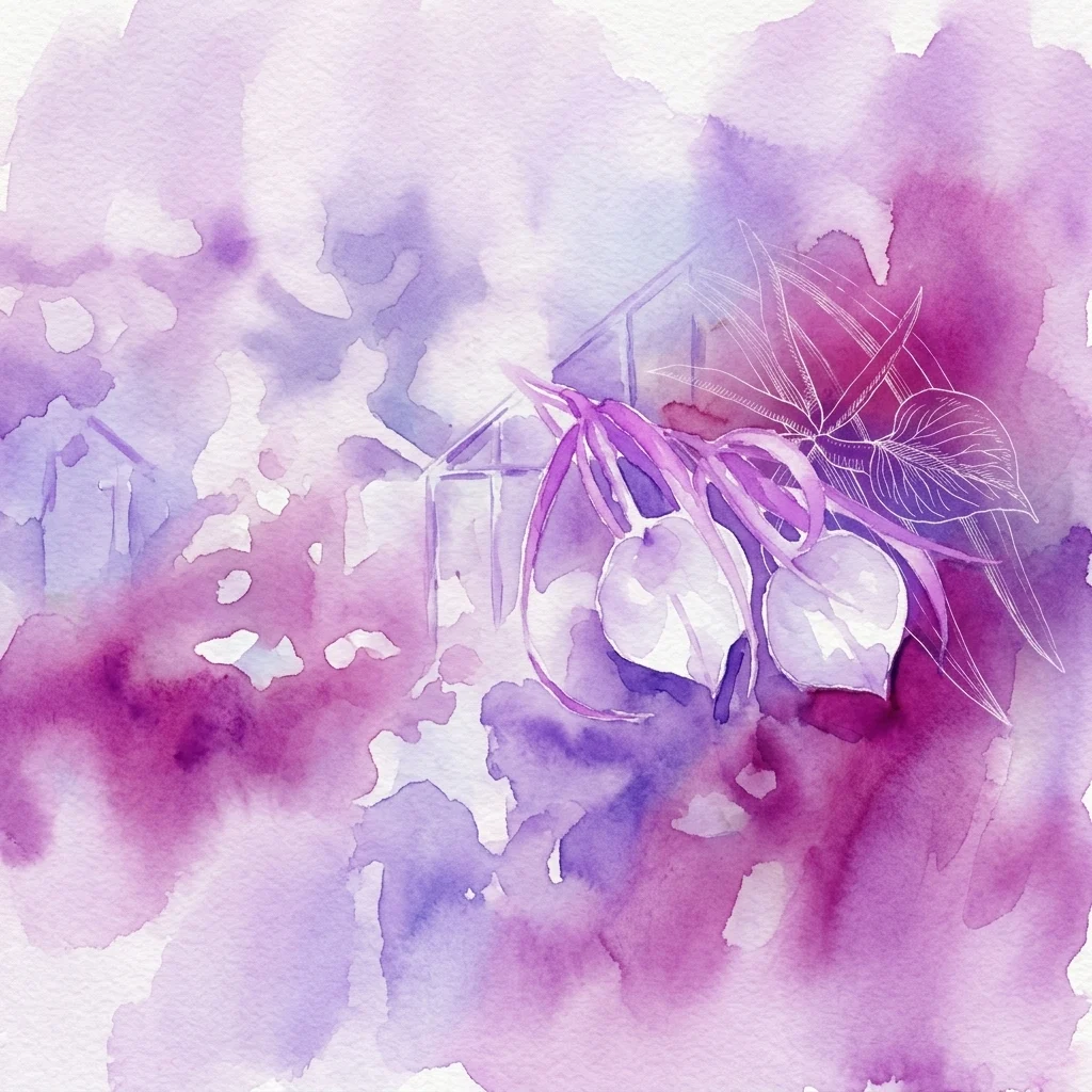Ilustracja akwarelowa egzotycznych orchidei z delikatnymi fioletowymi i białymi kwiatami, na miękkim, sennym tle z sylwetką szklarni, przywołująca eksplorację botaniczną z początku XX wieku.