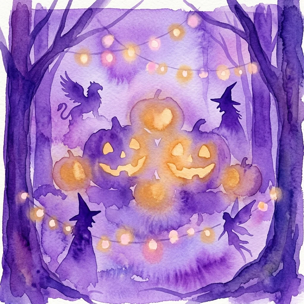 Ilustracja akwarelowa magicznego jesiennego lasu o zmierzchu, z lśniącymi dyniami, lampkami i sylwetkami czarownic, gryfa i wróżki, przywołująca atmosferę festiwalu Halloween.
