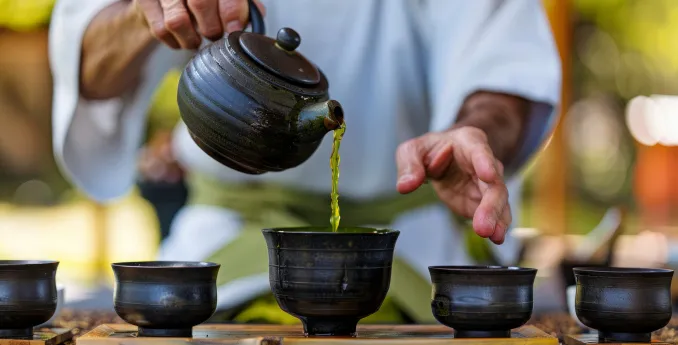 Een persoon die groene thee schenkt uit een donkere keramische theepot in een kop tijdens een theeceremonie