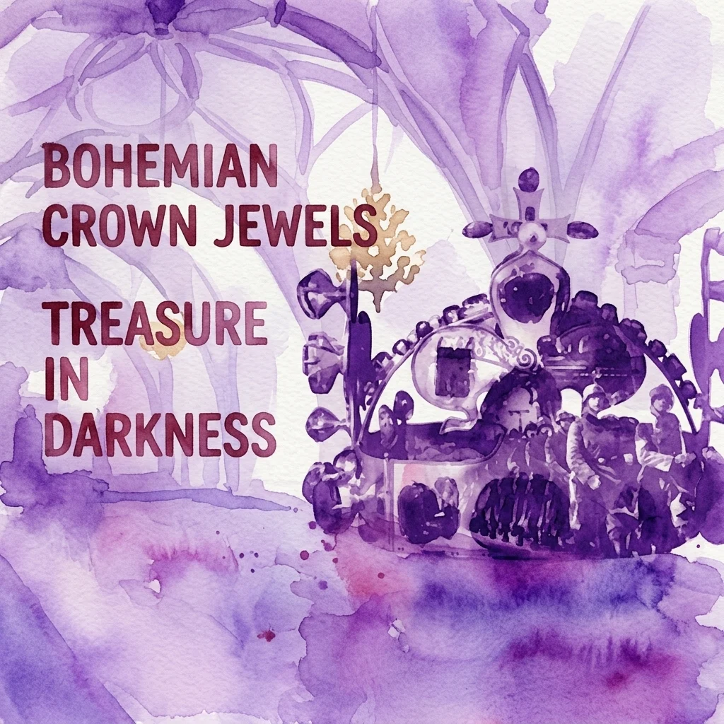 Artistieke aquarelillustratie van de titel van de tentoonstelling 'Bohemian Crown Jewels', met een kroon en historische figuren in paarse tinten, met de tekst 'Bohemian Crown Jewels: Treasure in Darkness'.