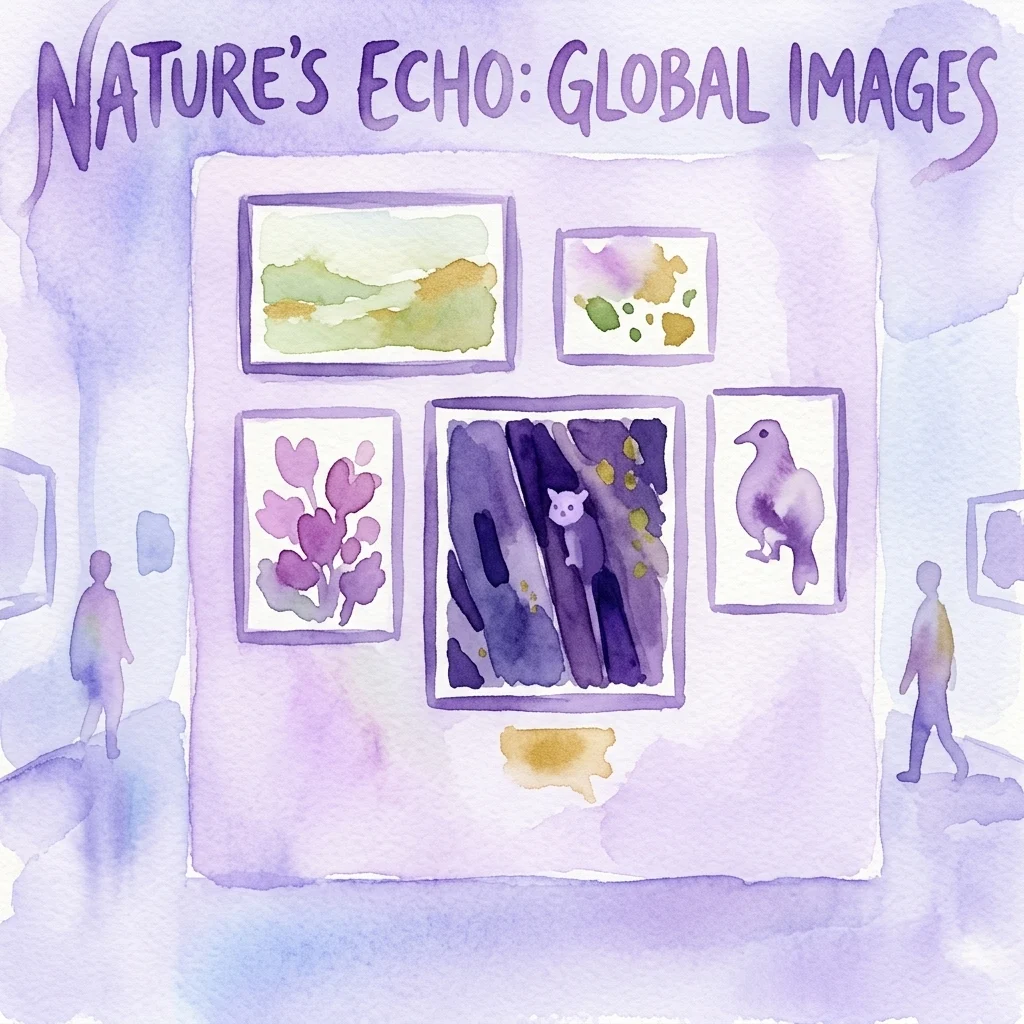 Waterverfillustratie van een kunstgalerie-expositie getiteld 'Nature's Echo: Global Images', met ingelijste natuurfotografie van landschappen, dieren en flora die tentoongesteld worden.