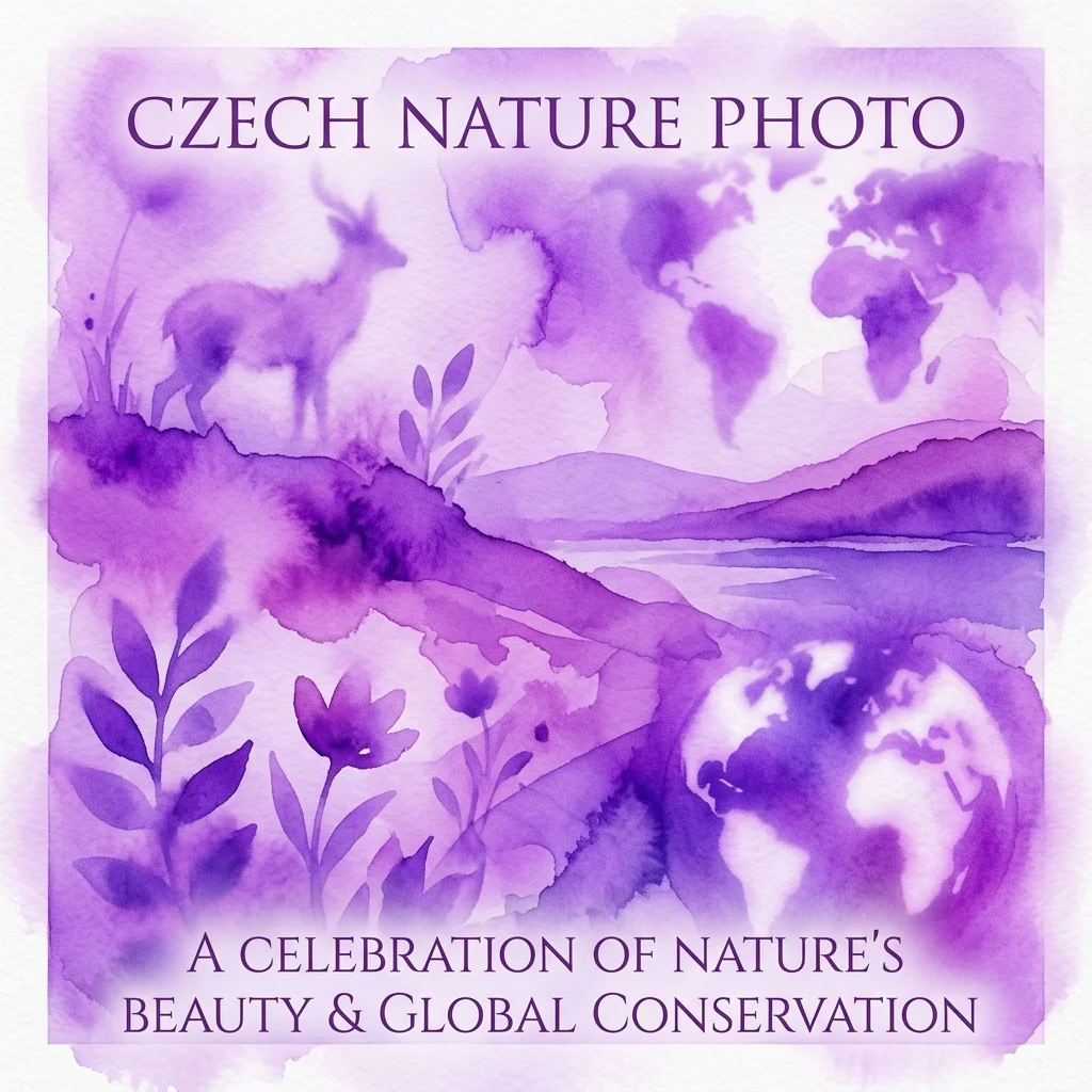 Paarse aquarelillustratie voor Czech Nature Photo 2025, met een hert, bloemen, bergen en een wereldkaart, ter viering van de schoonheid van de natuur en wereldwijde natuurbescherming.
