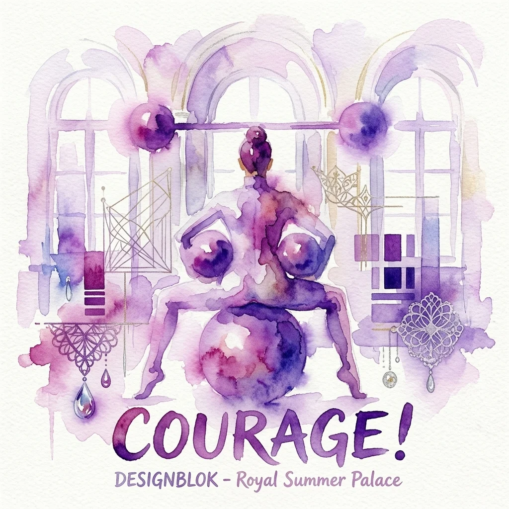 Waterverfillustratie voor de Designblok-tentoonstelling in het Koninklijk Zomerpaleis, met een figuur die gewichten tilt met het woord 'COURAGE!' in paars, omringd door sieraden en architectonische elementen.