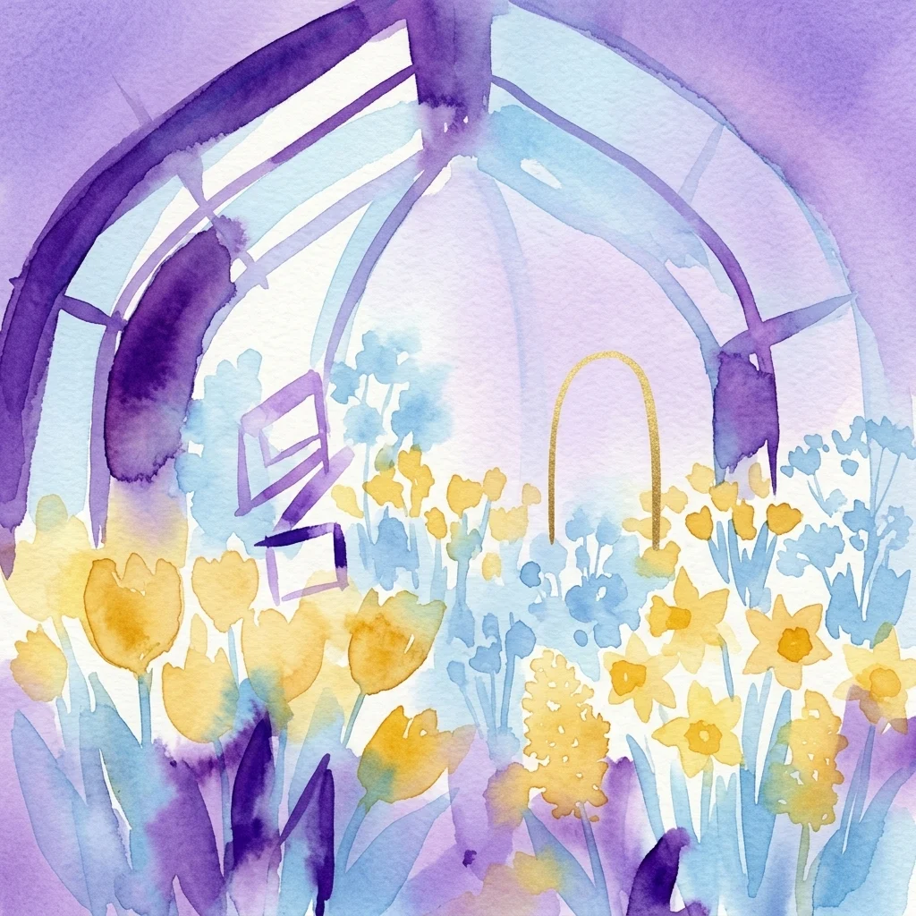 Waterverfillustratie van een kas met gele tulpen en narcissen, paarse en blauwe bloemenelementen, en hedendaagse kunstinstallaties, ter representatie van de tentoonstelling 'Early Spring: A Garden of Small Gestures'.