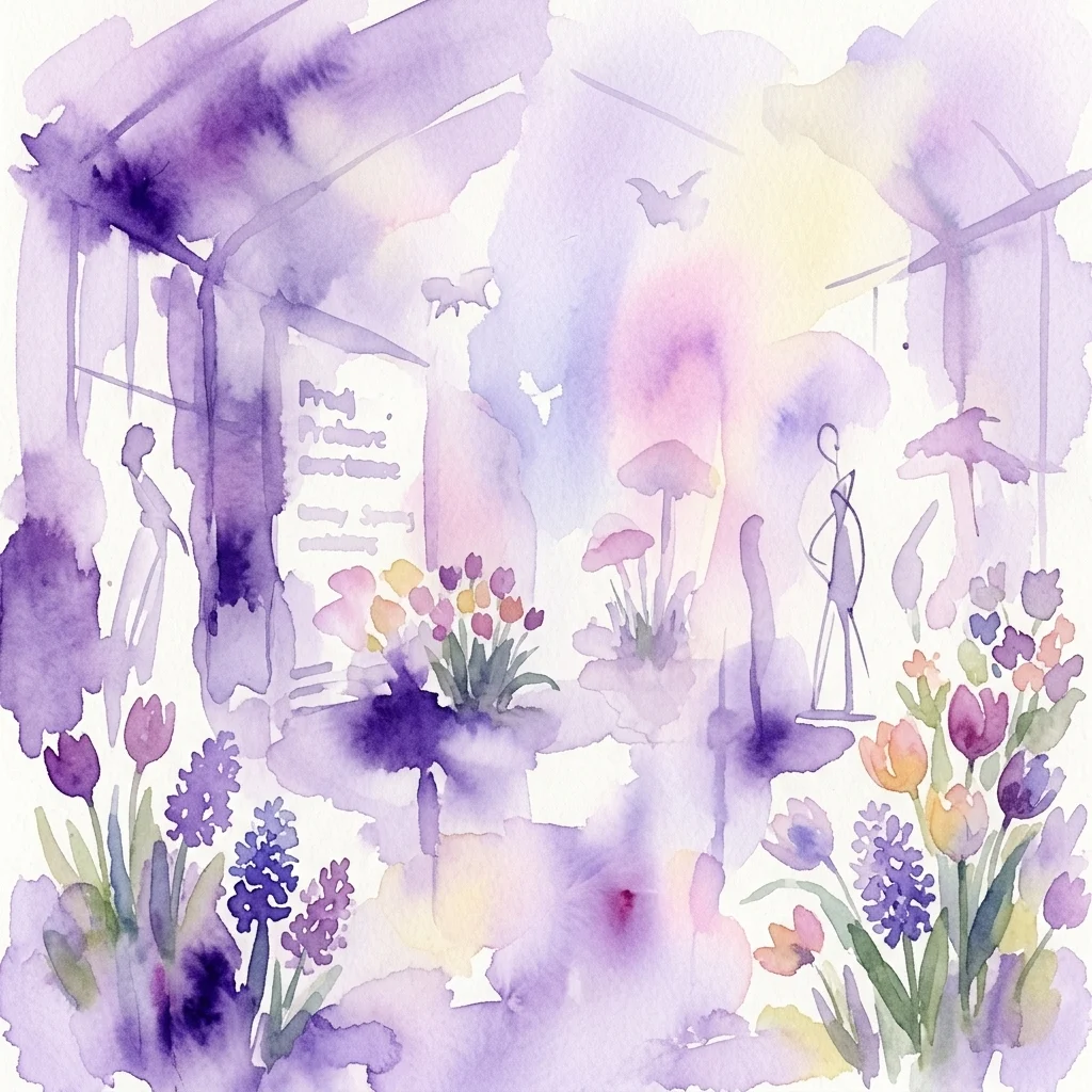 Een aquarelillustratie van een hedendaagse kunstexpositie met delicate sculpturen en lichtprojecties te midden van bloeiende lentebloemen in een historische kas, die vergankelijkheid en natuurlijke schoonheid oproept.