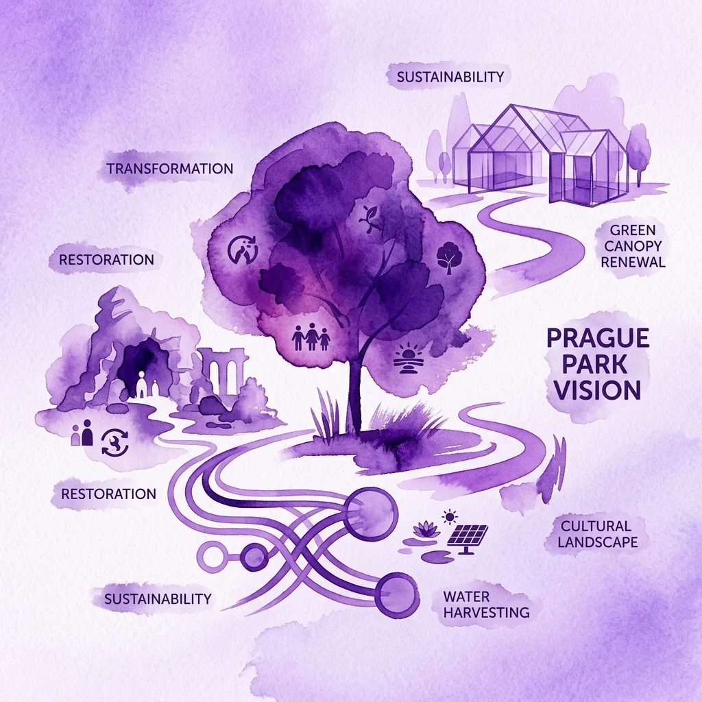 Paarse aquarelillustratie van Prague Park Vision, met concepten als restauratie, duurzaamheid, vernieuwing van het bladerdak en wateropvang voor de renovatie van Chotek Gardens.