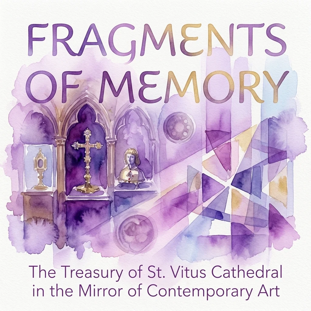 Watercolor illustration of the 'Fragments of Memory' exhibition, showing medieval artifacts from St. Vitus Cathedral's treasury alongside contemporary art installations in a grand, ornate setting.