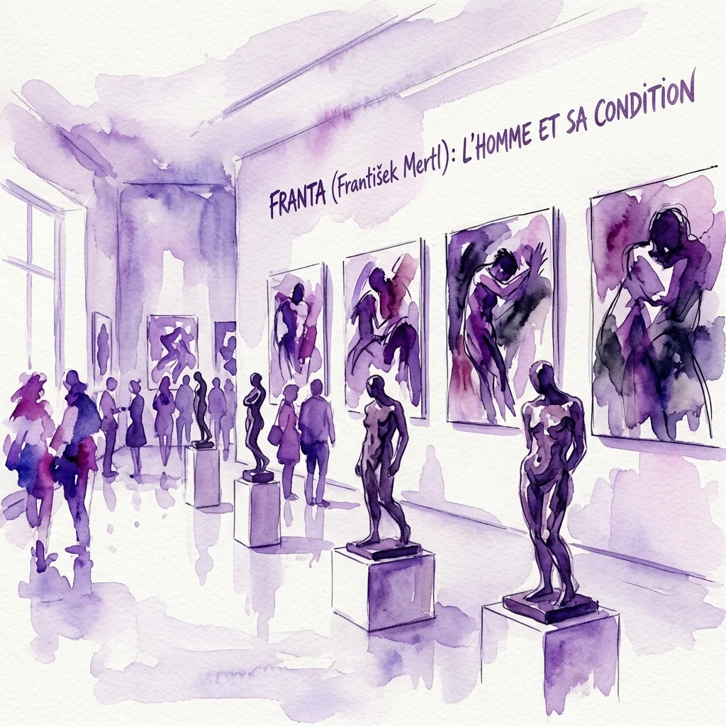 Waterverfillustratie van een kunstexpositie met figuratieve schilderijen en bronzen sculpturen van Franta (František Mertl), met bezoekers die de werken bekijken in een galerie.