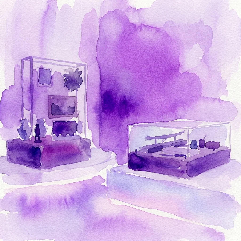 Waterverfillustratie van een tentoonstellingsopstelling met vitrines met culturele artefacten, waaronder beeldjes en ceremoniële objecten, tegen een paarse achtergrond.