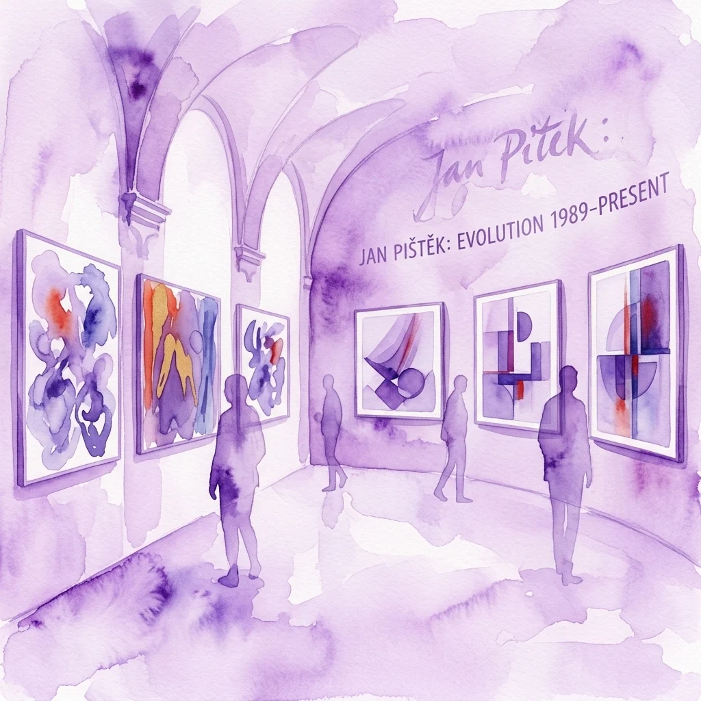 Waterverfillustratie van een kunstgalerie met abstracte schilderijen van Jan Pištěk, getiteld 'Jan Pištěk: Evolutie 1989-Heden', in een historische paleisgang.