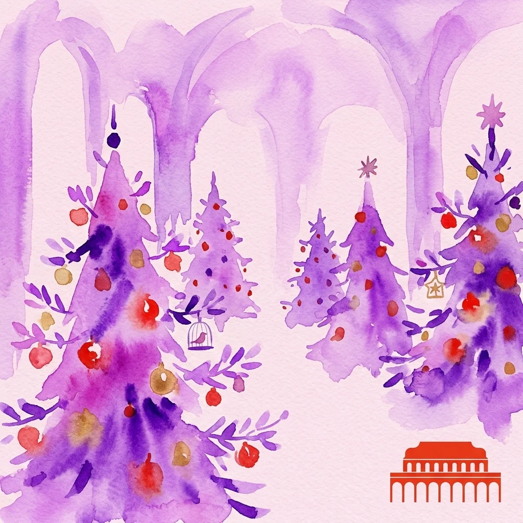 Een aquarelillustratie van paarse kerstbomen versierd met rode, gouden en blauwe ornamenten, geïnspireerd op Tsjechische sprookjes, geplaatst in een grote paleiszaal.