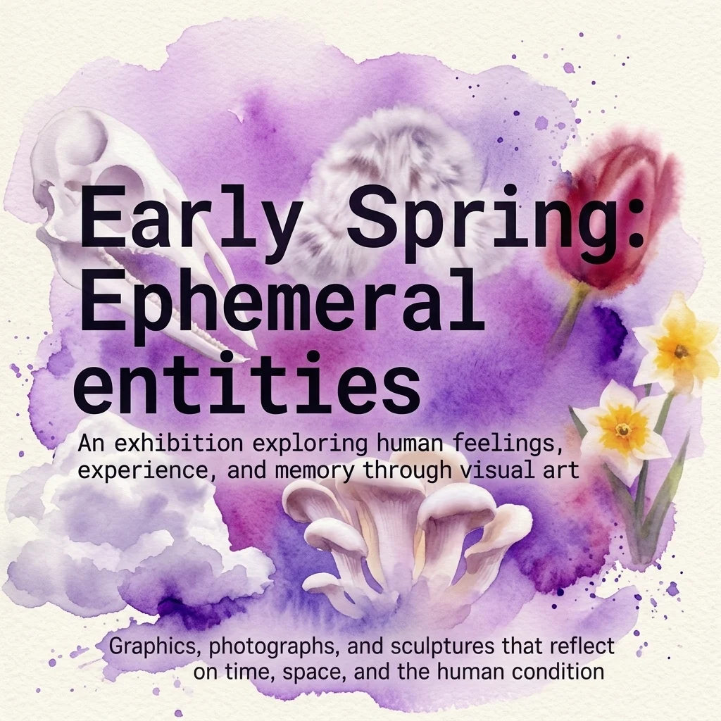Een tentoonstelling met de titel 'Vroege Lente: Kortstondige entiteiten' die menselijke gevoelens, ervaringen en herinneringen onderzoekt door middel van beeldende kunst, met grafiek, fotografie en beeldhouwwerken.