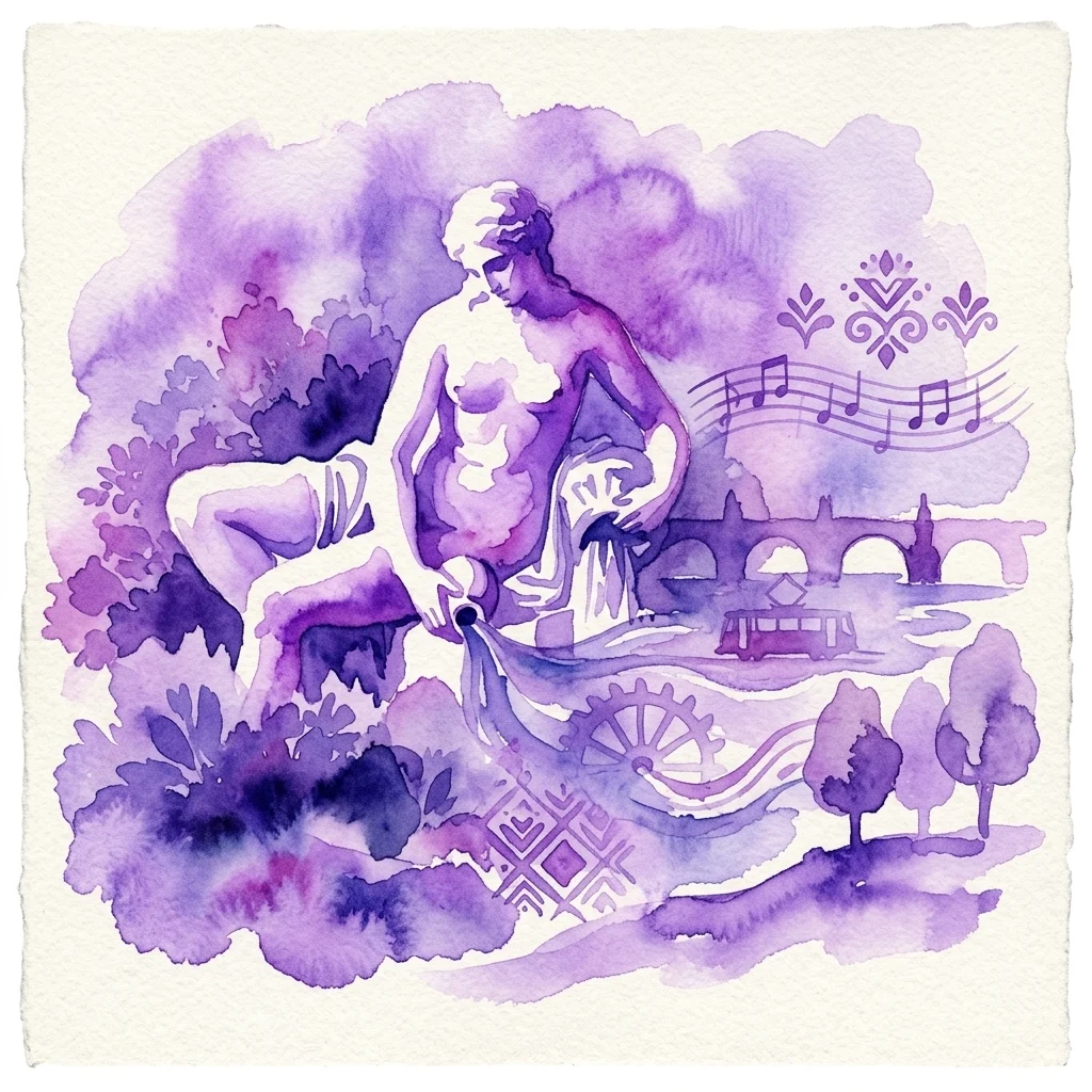 Een paars aquarelkunstwerk dat een vrouwelijk figuur afbeeldt die water giet, met muzieknoten, een brug, een tram en natuurlijke elementen, wat de culturele en artistieke betekenis van de Moldau symboliseert.