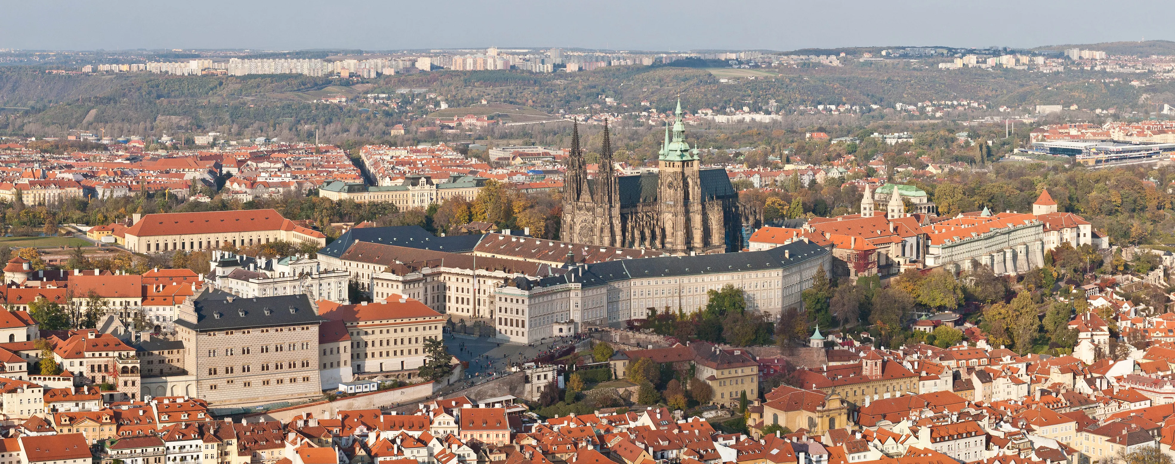 Panoramic view of Prague Castle with St. Vitus Cathedral and surrounding buildings