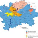 kleurgecodeerde kaart van het waterleidingnet van Praag met legenda