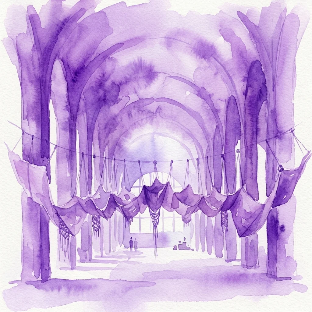 A watercolor illustration of an immersive art installation with purple macrame sculptures hanging from arched ceilings, evoking a natural, contemplative space.