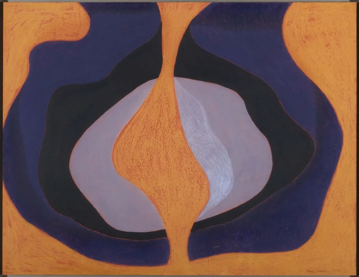 Pintura abstracta con formas orgánicas fluidas en naranja, azul y blanco