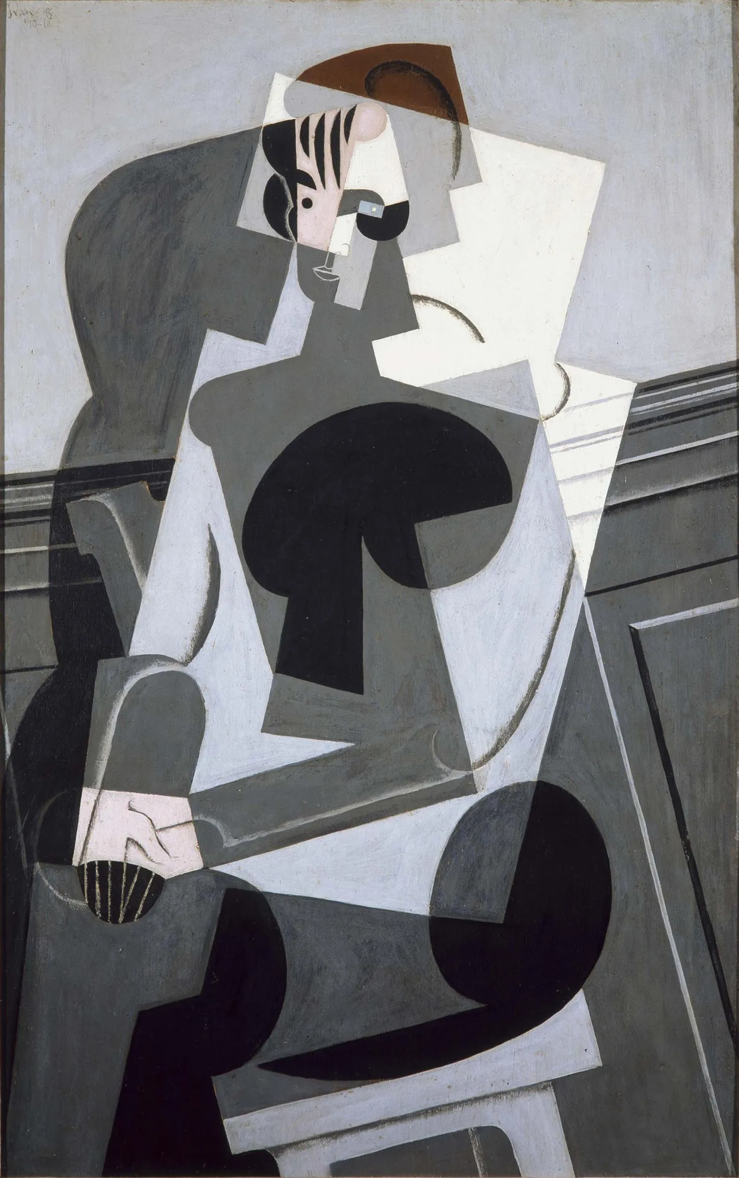Pintura cubista abstracta de una figura sentada con formas geométricas y tonos monocromáticos