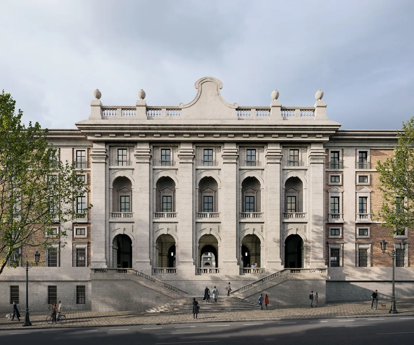 Neoclassicistisch gebouw met boogramen en een centrale trap, omgeven door bomen en een straat met voetgangers
