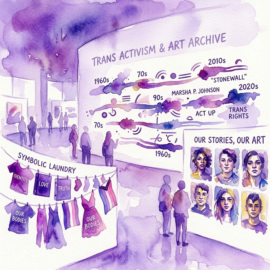 Ilustrowany widok wystawy „Trans Activism & Art Archive” z osią czasu historii praw osób transpłciowych, symbolicznym praniem z etykietami takimi jak „Tożsamość” i „Miłość” oraz portretami w ramach „Nasze historie, nasza sztuka” w muzeum utrzymanym w fioletowej tonacji.