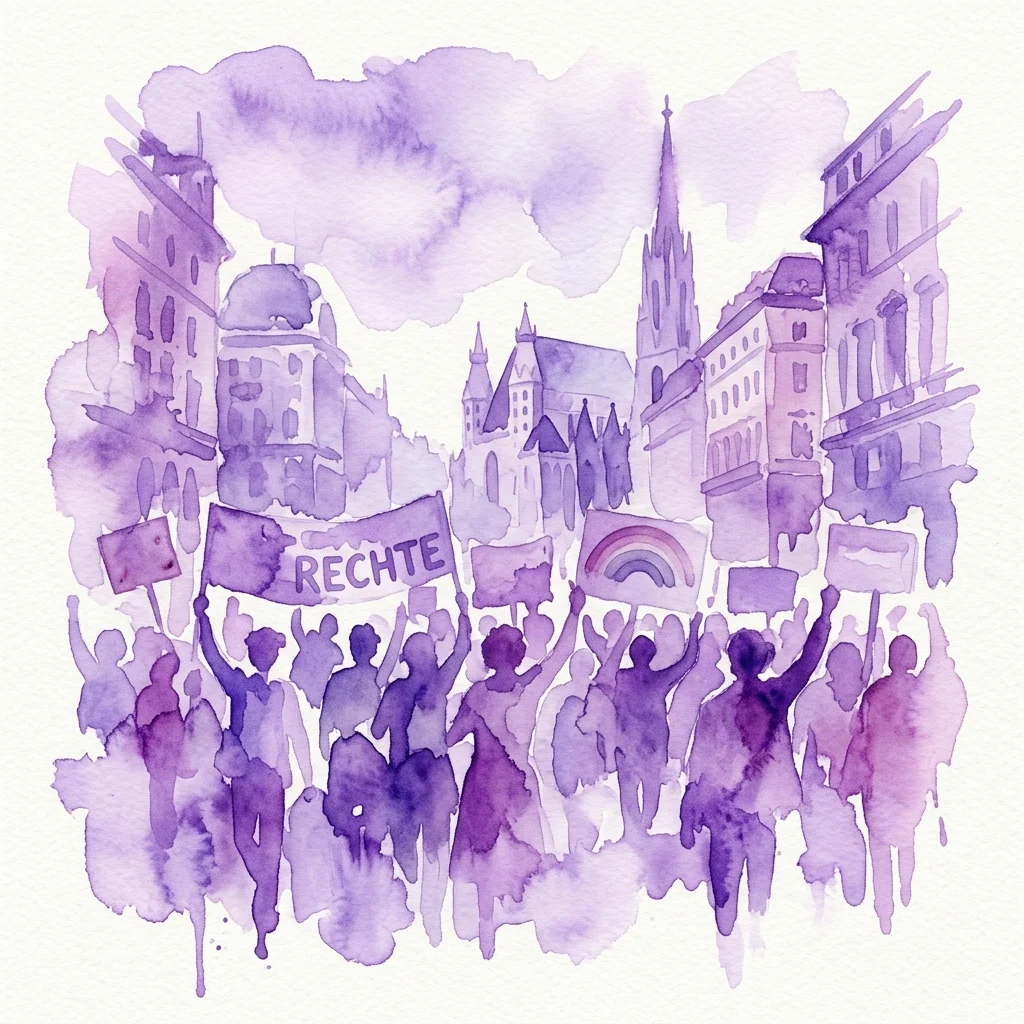 Fioletowa ilustracja akwarelowa przedstawiająca protest LGBTQ+ w Wiedniu, z demonstrantami trzymającymi transparenty, w tym jeden z napisem 'RECHTE', oraz tęczową flagę, na tle zabytkowych budynków.