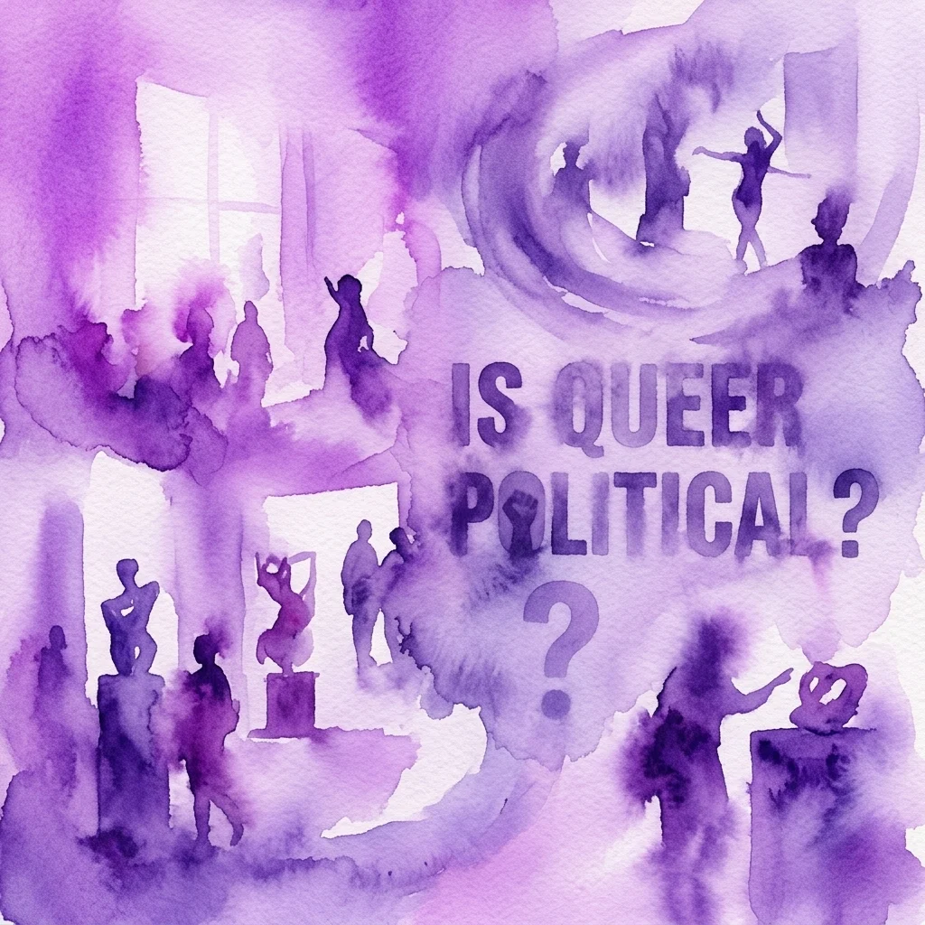 Fioletowy obraz akwarelowy na wystawę 'Is Queer Political?', przedstawiający sylwetki ludzi, posągi i podniesioną pięść, symbolizujące tożsamość queer i dyskurs polityczny.